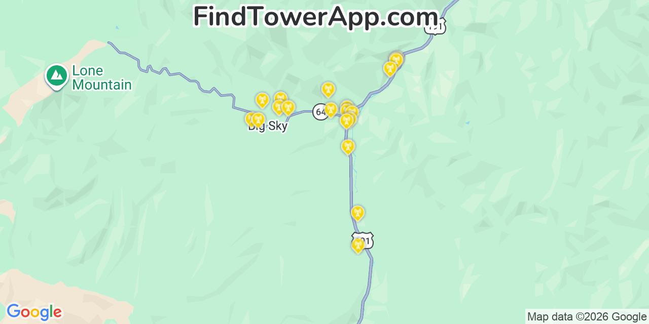 Map showing the 20 primary cell tower locations detected in Big Sky, Montana from AT&T, Verizon, and T-Mobile networks