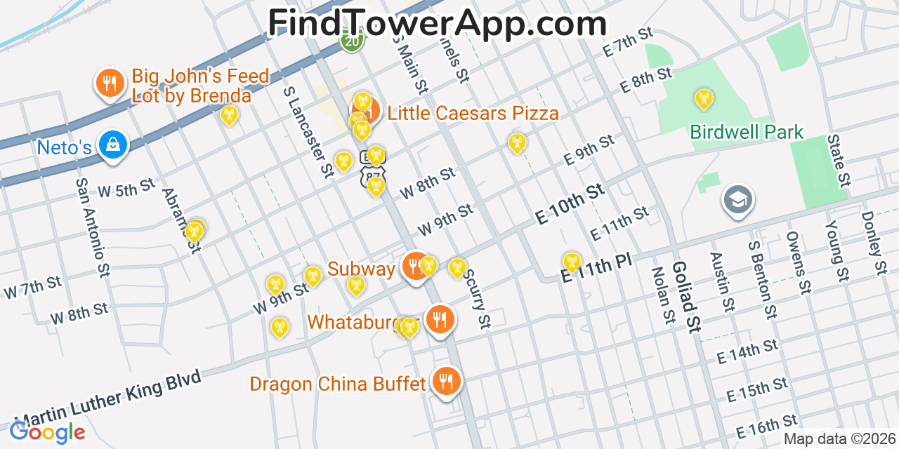 Map showing the 20 primary cell tower locations detected in Big Spring, Texas from AT&T, Verizon, and T-Mobile networks