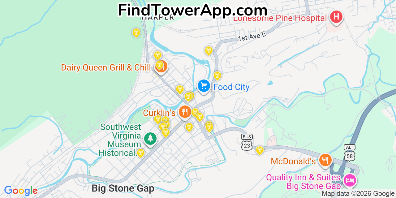 Map showing the 20 primary cell tower locations detected in Big Stone Gap, Virginia from AT&T, Verizon, and T-Mobile networks