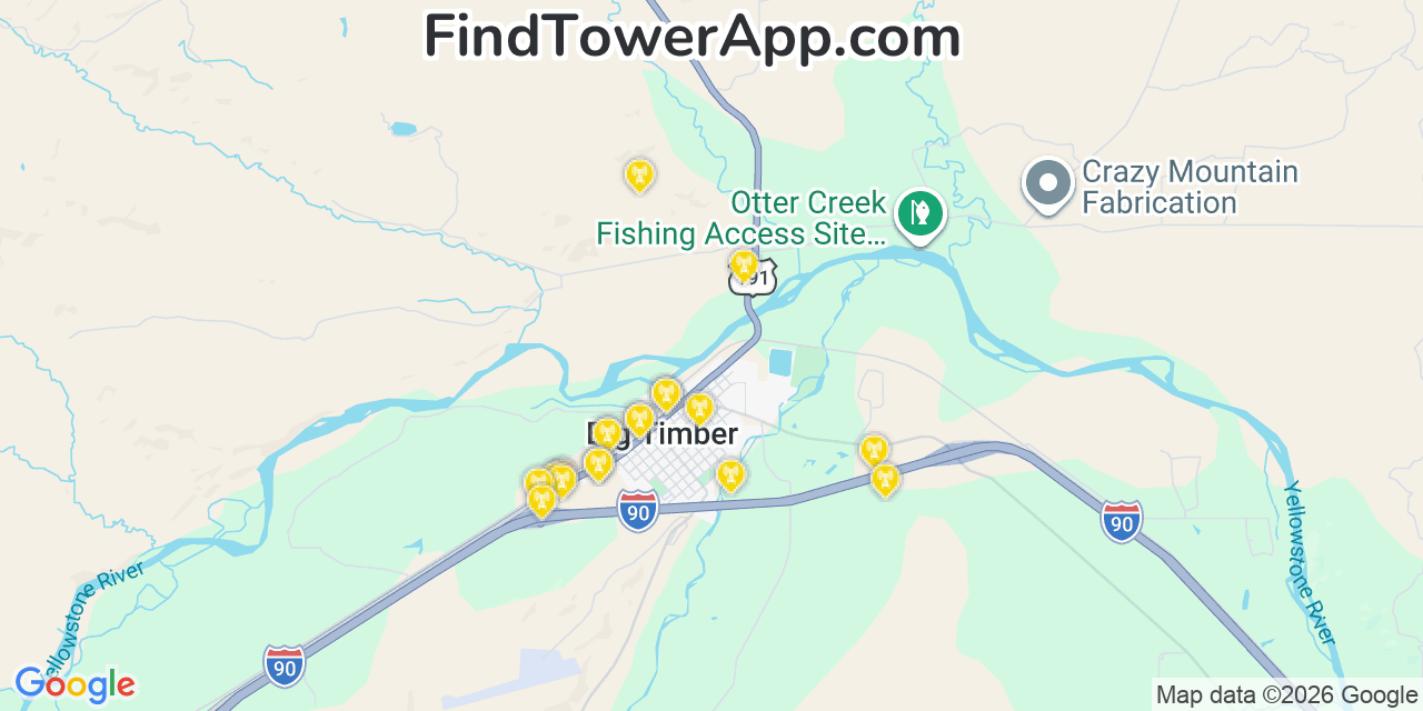 Map showing the 20 primary cell tower locations detected in Big Timber, Montana from AT&T, Verizon, and T-Mobile networks