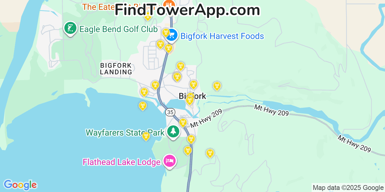 Map showing the 20 primary cell tower locations detected in Bigfork, Montana from AT&T, Verizon, and T-Mobile networks