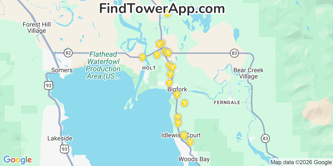 Map showing the 20 primary cell tower locations detected in Bigfork, Montana from AT&T, Verizon, and T-Mobile networks