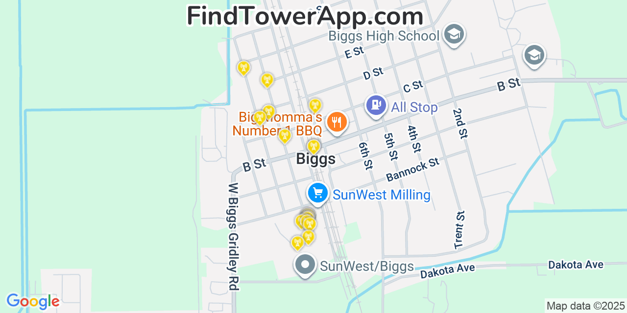 Map showing the 20 primary cell tower locations detected in Biggs, California from AT&T, Verizon, and T-Mobile networks