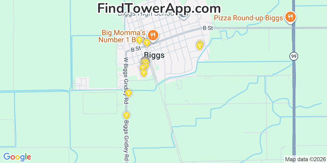 Map showing the 20 primary cell tower locations detected in Biggs, California from AT&T, Verizon, and T-Mobile networks