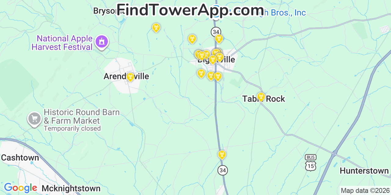 Map showing the 20 primary cell tower locations detected in Biglerville, Pennsylvania from AT&T, Verizon, and T-Mobile networks