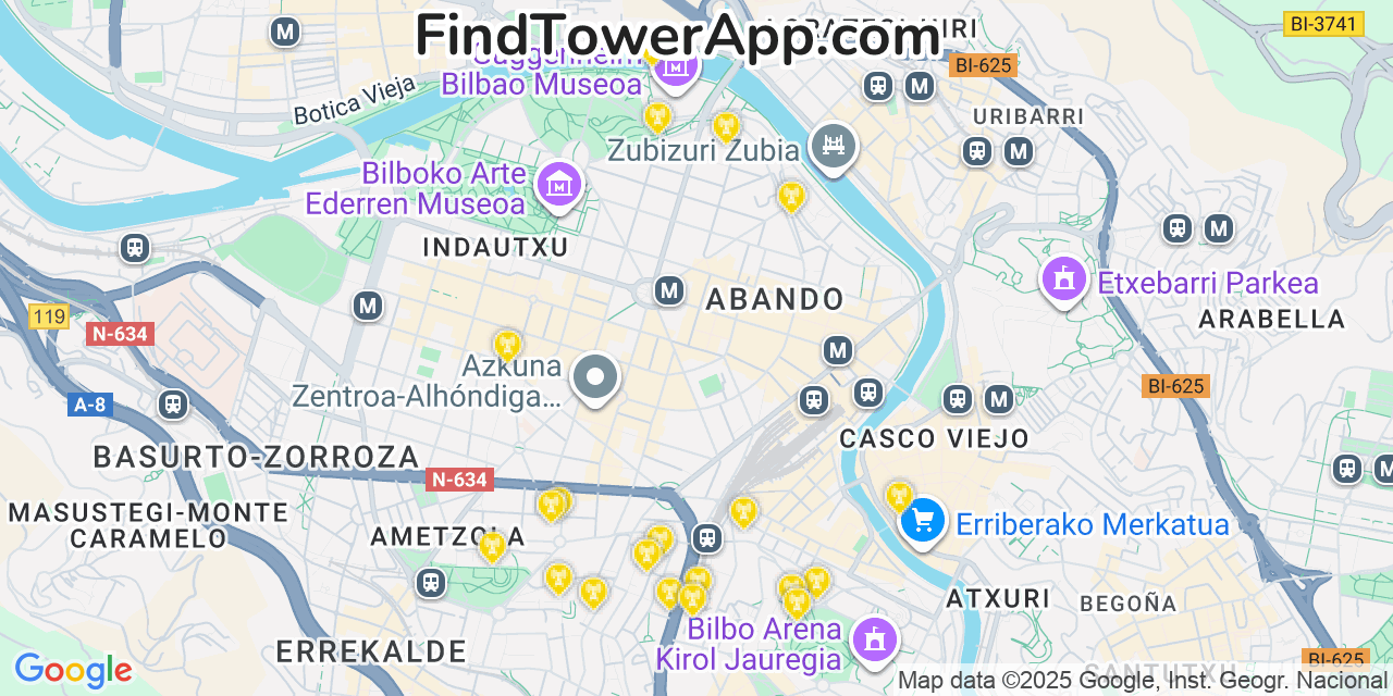 Map showing the 20 primary cell tower locations detected in Bilbao, Spain with coverage areas and signal strength