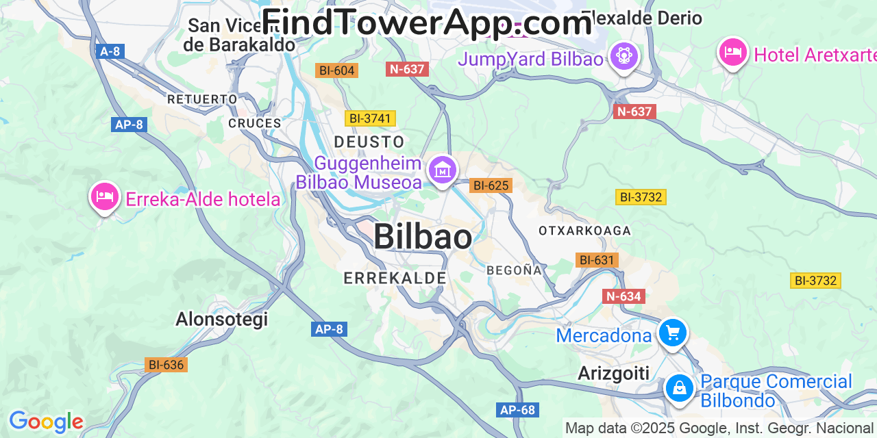 Map showing the 0 primary Yoigo cell tower locations detected in Bilbao, Spain with coverage radius and signal strength indicators