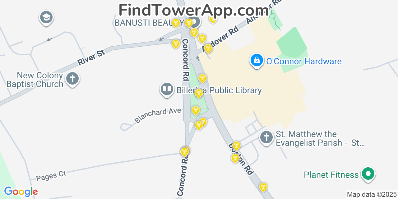 Map showing the 20 primary cell tower locations detected in Billerica, Massachusetts from AT&T, Verizon, and T-Mobile networks