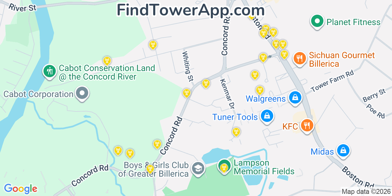Map showing the 20 primary cell tower locations detected in Billerica, Massachusetts from AT&T, Verizon, and T-Mobile networks