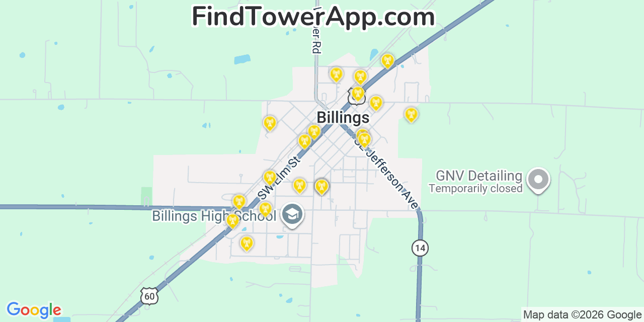 Map showing the 20 primary cell tower locations detected in Billings, Missouri from AT&T, Verizon, and T-Mobile networks