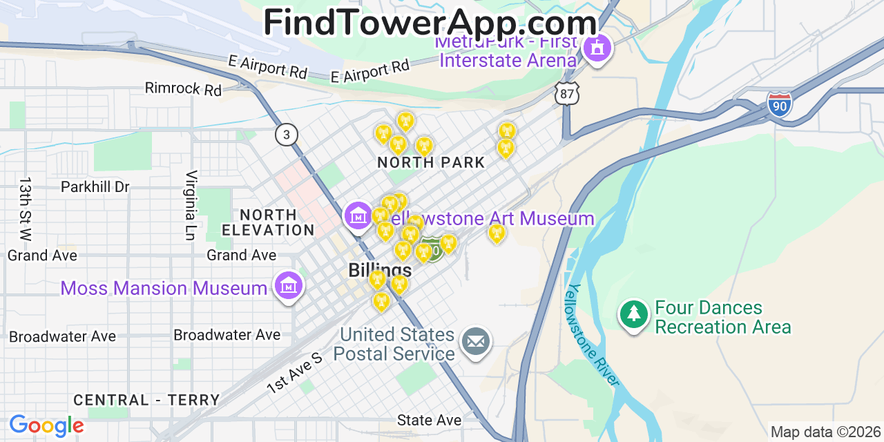 Map showing the 20 primary cell tower locations detected in Billings, Montana from AT&T, Verizon, and T-Mobile networks