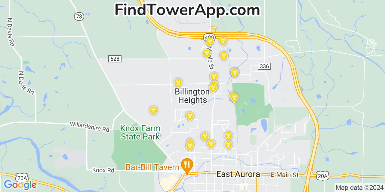 AT&T 4G/5G cell tower coverage map Billington Heights, New York