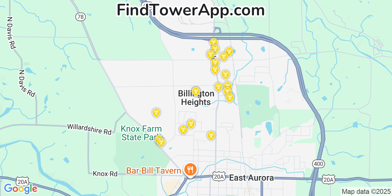 Map showing the 20 primary cell tower locations detected in Billington Heights, New York from AT&T, Verizon, and T-Mobile networks