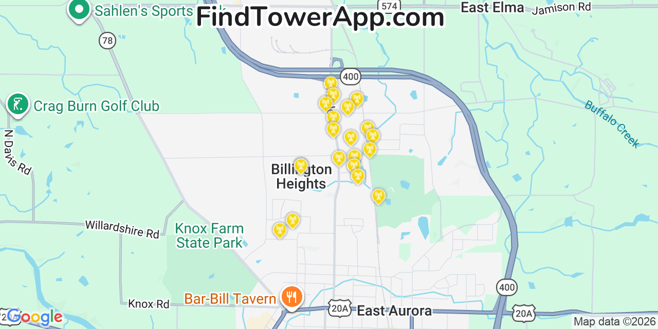 Map showing the 20 primary cell tower locations detected in Billington Heights, New York from AT&T, Verizon, and T-Mobile networks