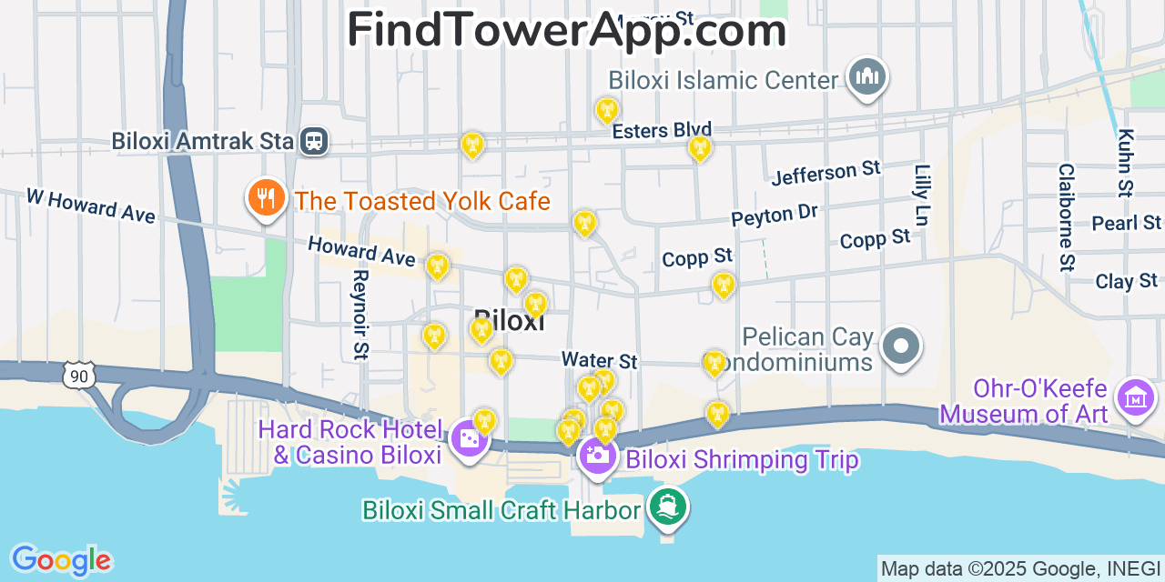Map showing the 20 primary cell tower locations detected in Biloxi, Mississippi from AT&T, Verizon, and T-Mobile networks