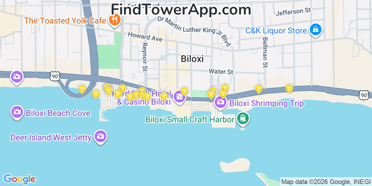 Map showing the 20 primary cell tower locations detected in Biloxi, Mississippi from AT&T, Verizon, and T-Mobile networks