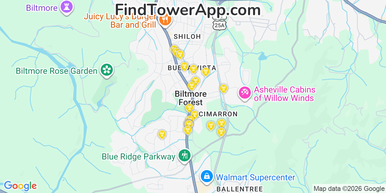 Map showing the 20 primary cell tower locations detected in Biltmore Forest, North Carolina from AT&T, Verizon, and T-Mobile networks