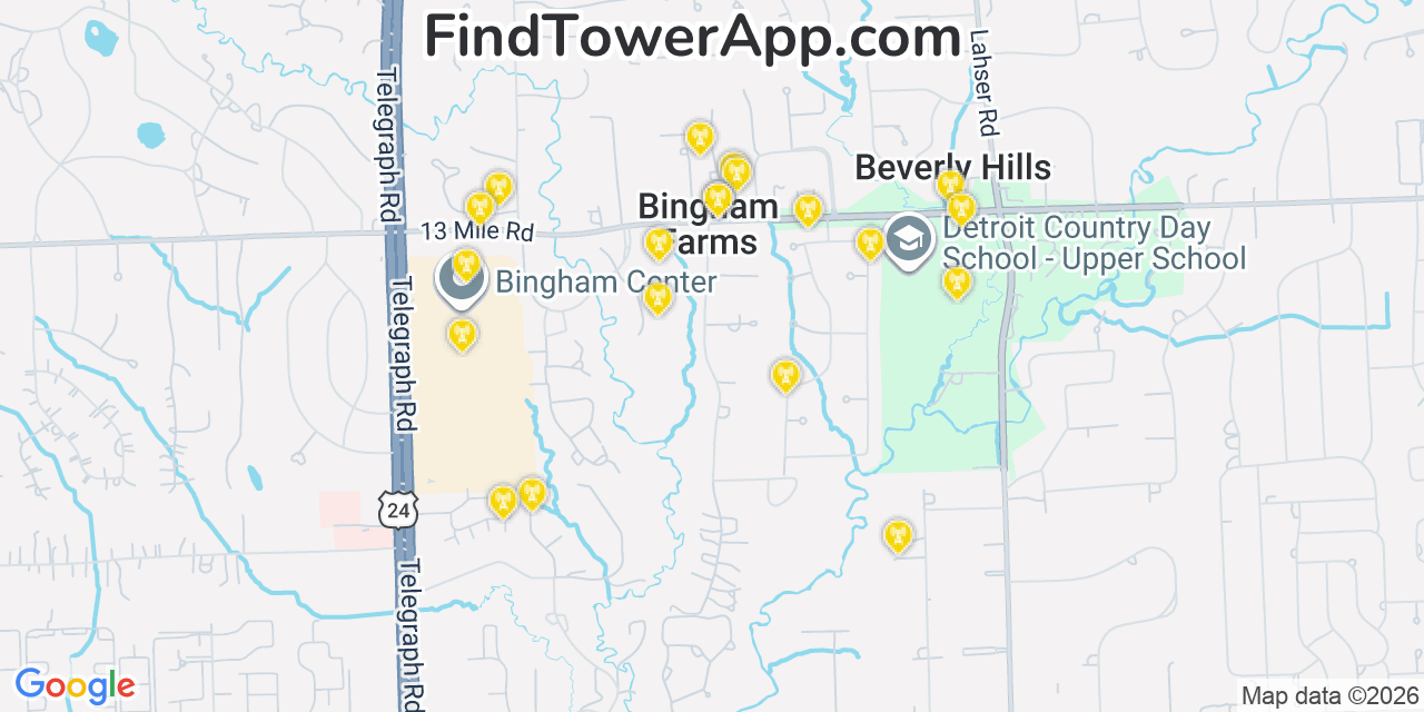 Map showing the 20 primary cell tower locations detected in Bingham Farms, Michigan from AT&T, Verizon, and T-Mobile networks