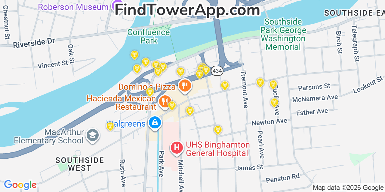 Map showing the 20 primary cell tower locations detected in Binghamton, New York from AT&T, Verizon, and T-Mobile networks