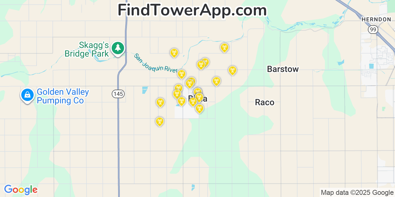 Map showing the 20 primary cell tower locations detected in Biola, California from AT&T, Verizon, and T-Mobile networks