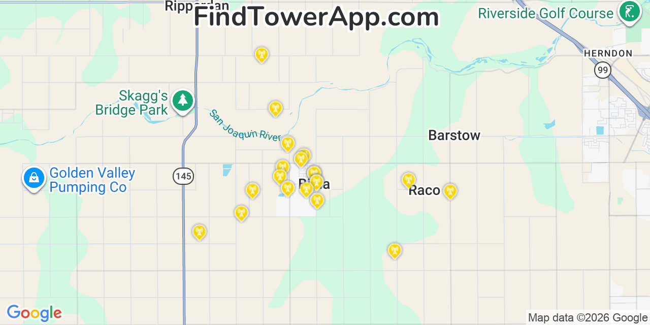 Map showing the 20 primary cell tower locations detected in Biola, California from AT&T, Verizon, and T-Mobile networks