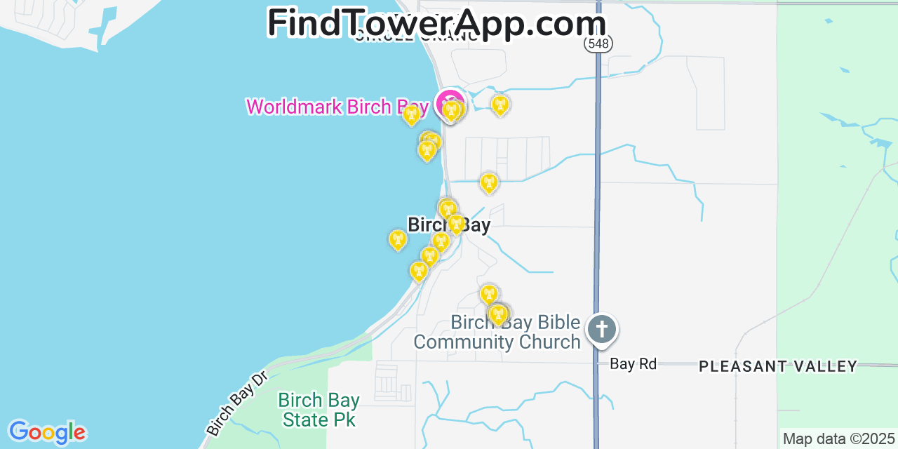 Map showing the 20 primary cell tower locations detected in Birch Bay, Washington from AT&T, Verizon, and T-Mobile networks