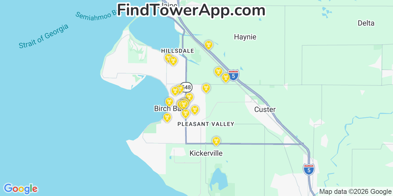 Map showing the 20 primary cell tower locations detected in Birch Bay, Washington from AT&T, Verizon, and T-Mobile networks