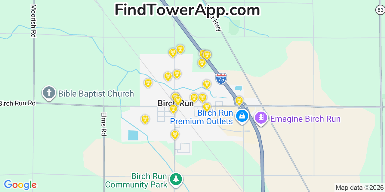 Map showing the 20 primary cell tower locations detected in Birch Run, Michigan from AT&T, Verizon, and T-Mobile networks