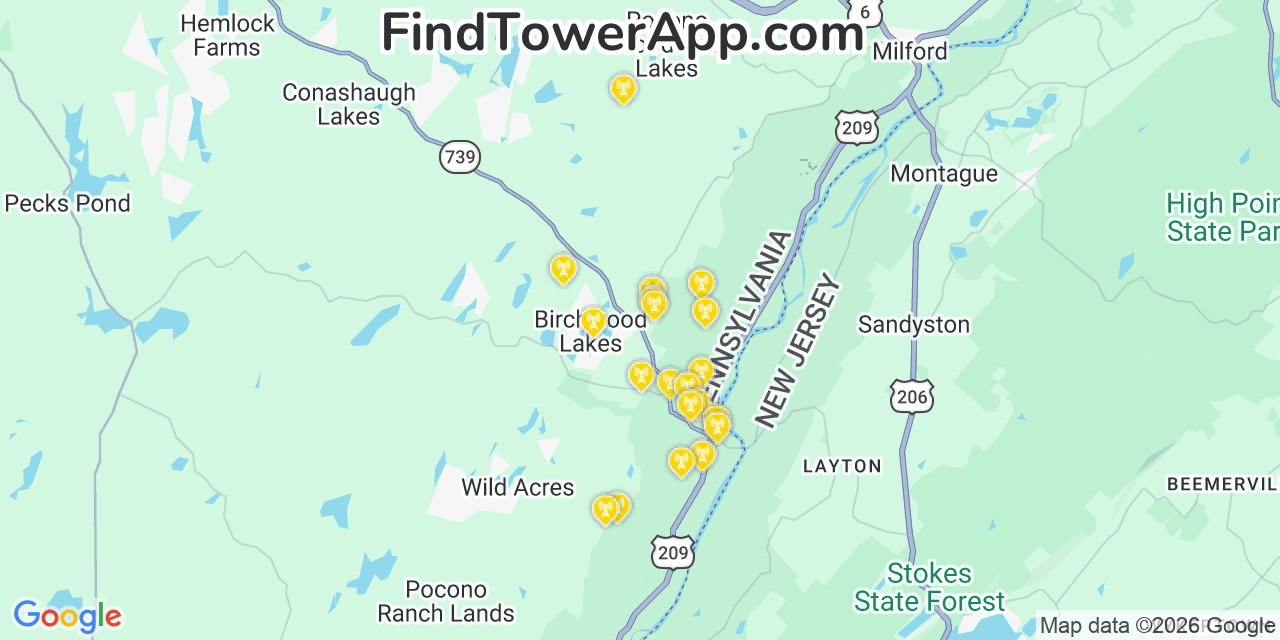 Map showing the 20 primary cell tower locations detected in Birchwood Lakes, Pennsylvania from AT&T, Verizon, and T-Mobile networks