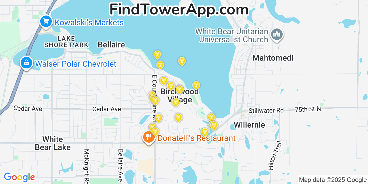 Map showing the 20 primary cell tower locations detected in Birchwood, Minnesota from AT&T, Verizon, and T-Mobile networks