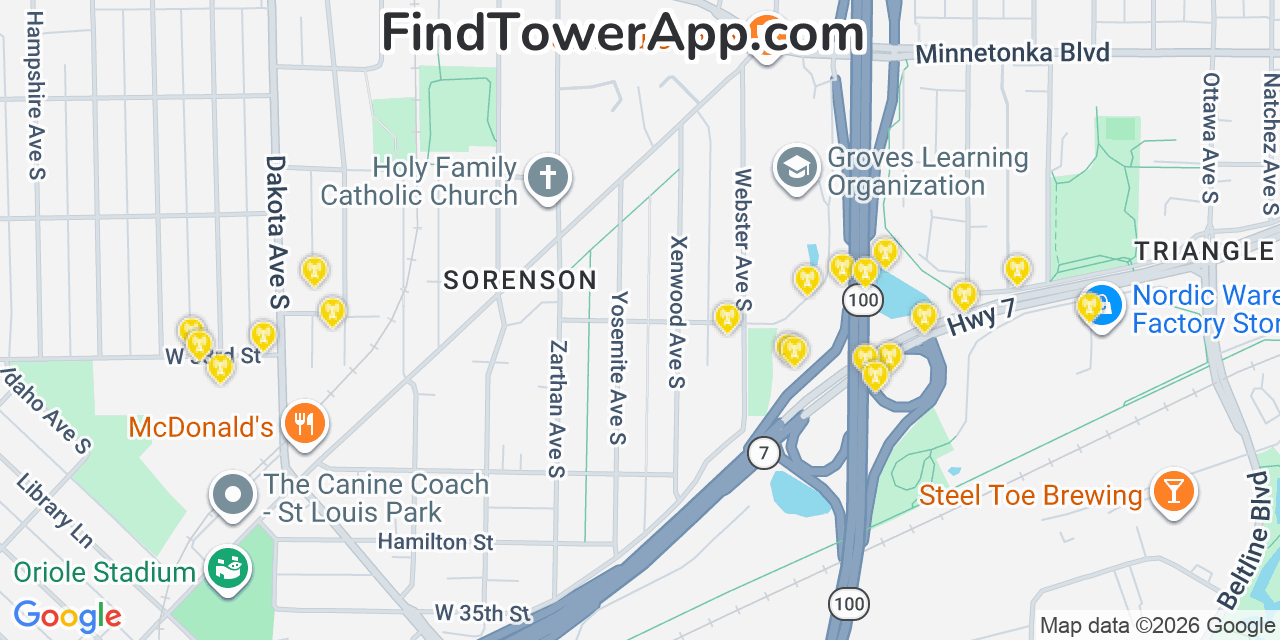 Map showing the 20 primary cell tower locations detected in Birchwood, Minnesota from AT&T, Verizon, and T-Mobile networks