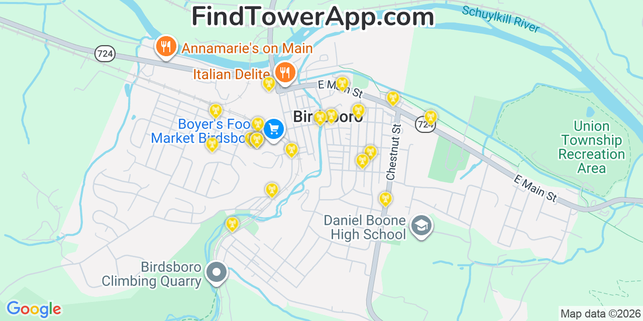 Map showing the 20 primary cell tower locations detected in Birdsboro, Pennsylvania from AT&T, Verizon, and T-Mobile networks