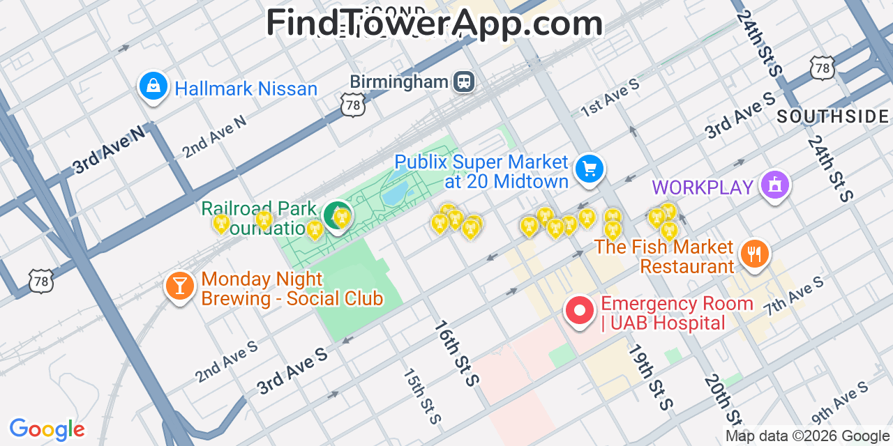 Map showing the 20 primary cell tower locations detected in Birmingham, Alabama from AT&T, Verizon, and T-Mobile networks
