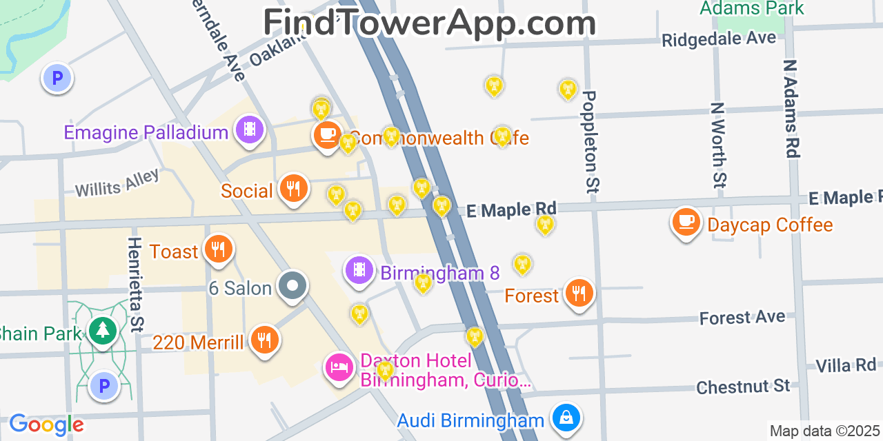 Map showing the 20 primary cell tower locations detected in Birmingham, Michigan from AT&T, Verizon, and T-Mobile networks