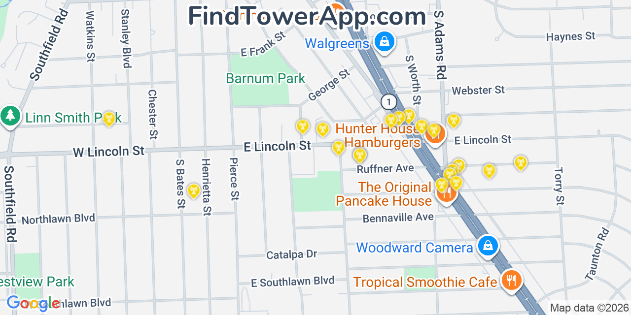 Map showing the 20 primary cell tower locations detected in Birmingham, Michigan from AT&T, Verizon, and T-Mobile networks