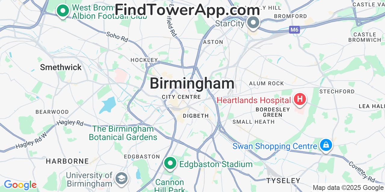 Map showing the 0 primary BT cell tower locations detected in Birmingham, United Kingdom with coverage radius and signal strength indicators