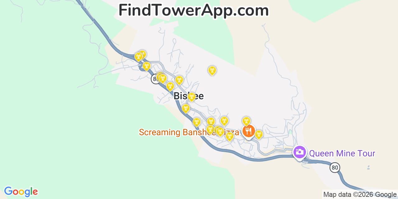 Map showing the 20 primary cell tower locations detected in Bisbee, Arizona from AT&T, Verizon, and T-Mobile networks