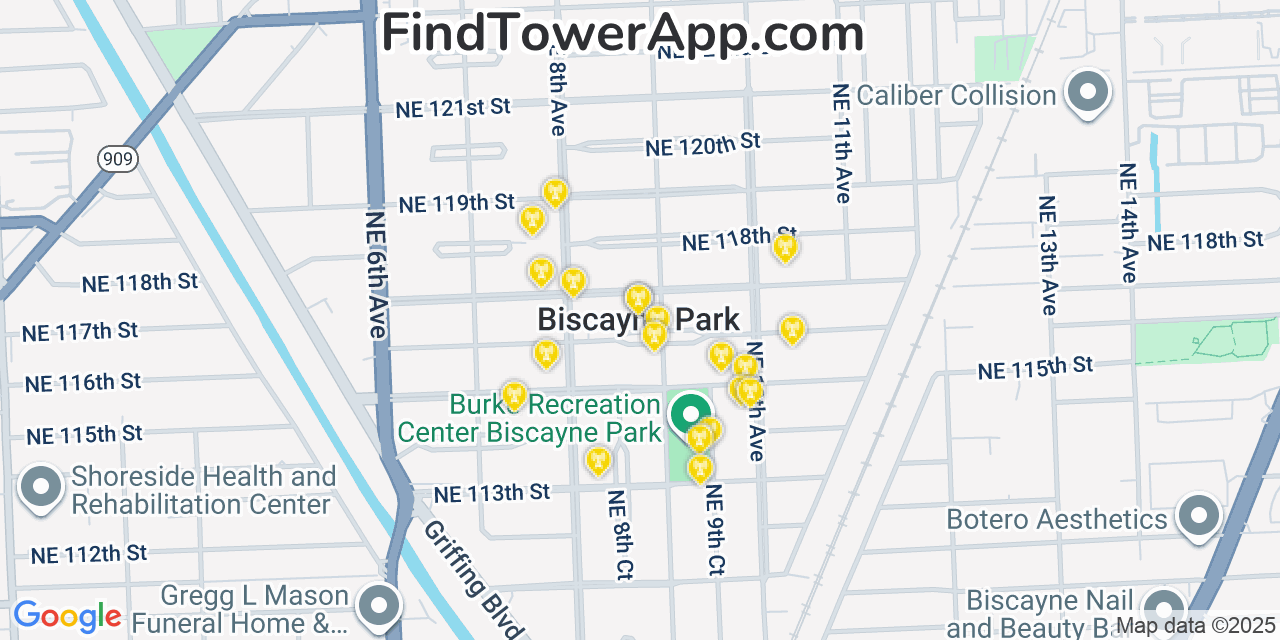 Map showing the 20 primary cell tower locations detected in Biscayne Park, Florida from AT&T, Verizon, and T-Mobile networks