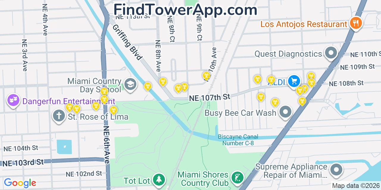 Map showing the 20 primary cell tower locations detected in Biscayne Park, Florida from AT&T, Verizon, and T-Mobile networks