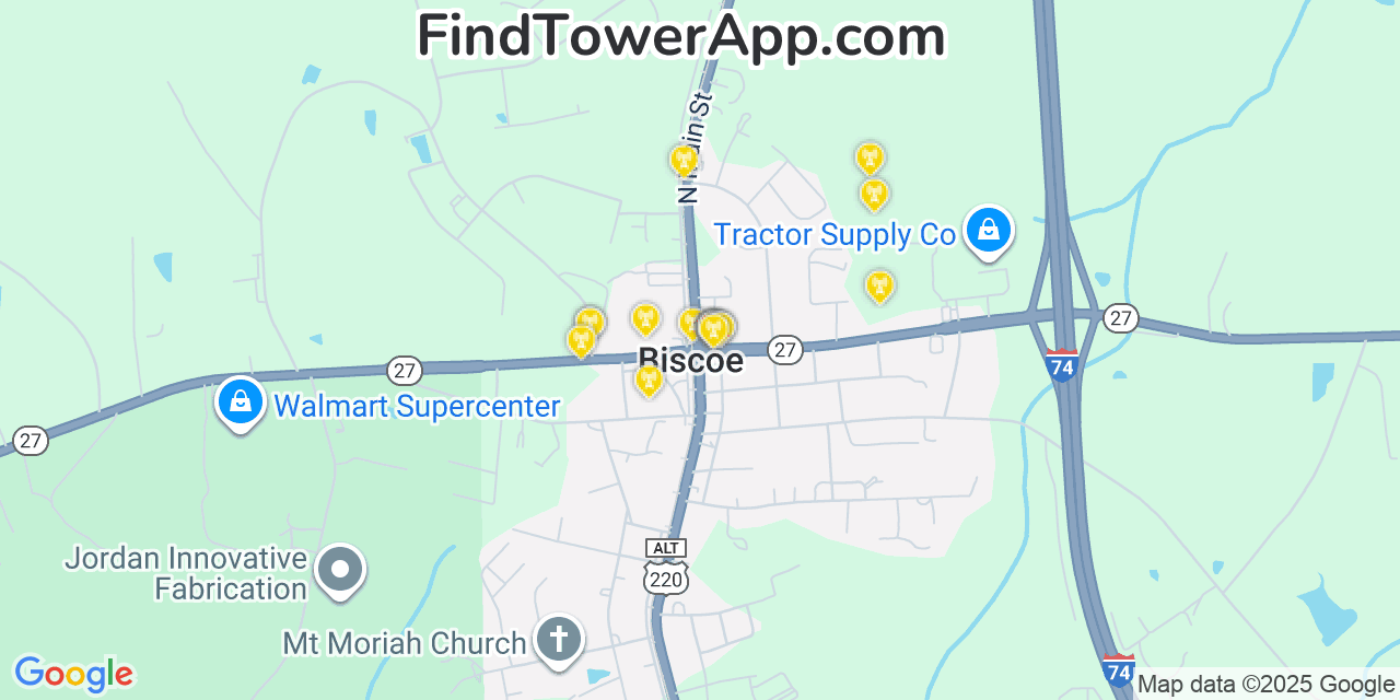 Map showing the 20 primary cell tower locations detected in Biscoe, North Carolina from AT&T, Verizon, and T-Mobile networks