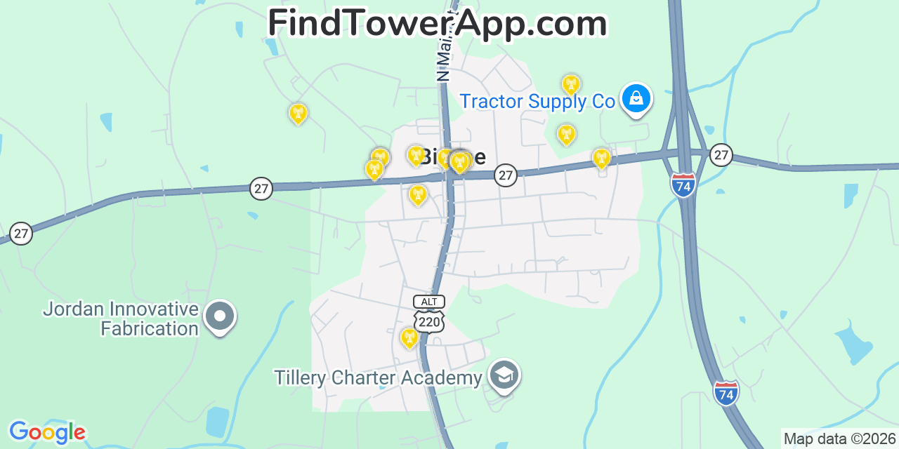 Map showing the 20 primary cell tower locations detected in Biscoe, North Carolina from AT&T, Verizon, and T-Mobile networks