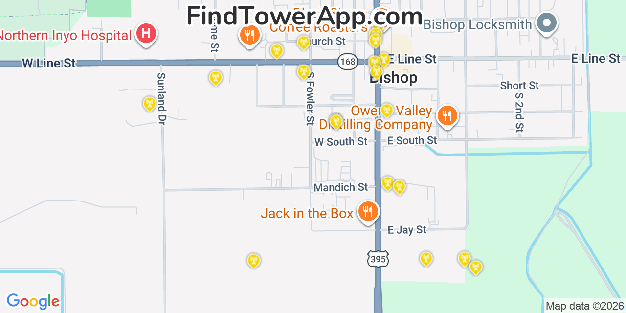 Map showing the 20 primary cell tower locations detected in Bishop, California from AT&T, Verizon, and T-Mobile networks