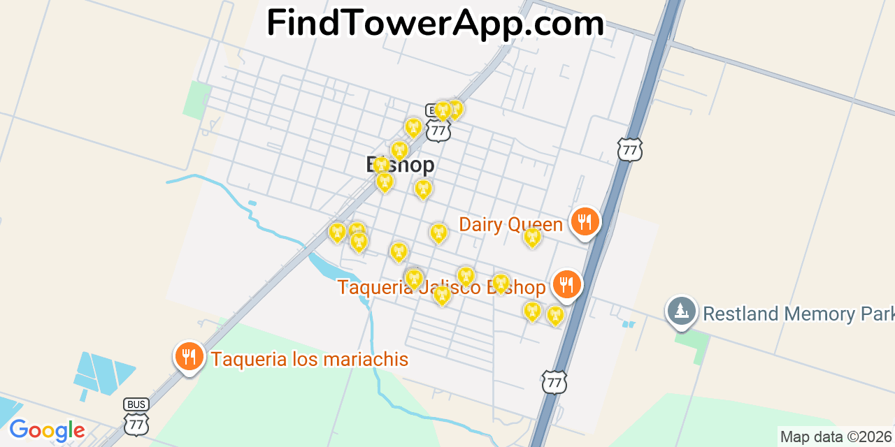 Map showing the 20 primary cell tower locations detected in Bishop, Texas from AT&T, Verizon, and T-Mobile networks