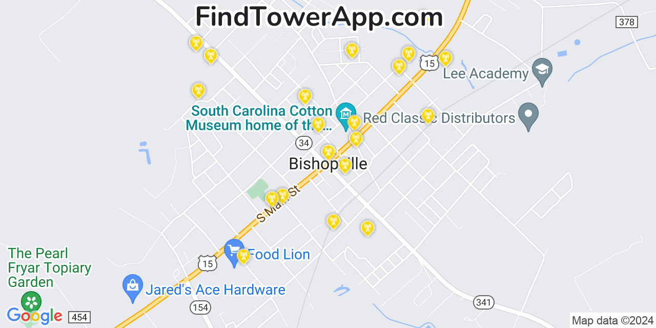 AT&T 4G/5G cell tower coverage map Bishopville, South Carolina