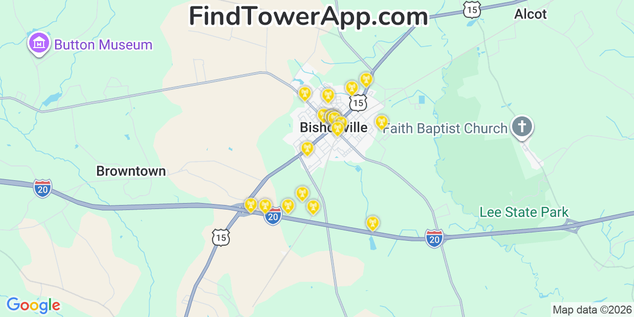 Map showing the 20 primary cell tower locations detected in Bishopville, South Carolina from AT&T, Verizon, and T-Mobile networks