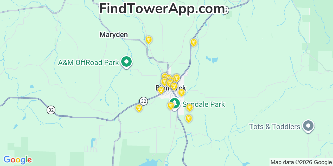 Map showing the 20 primary cell tower locations detected in Bismarck, Missouri from AT&T, Verizon, and T-Mobile networks