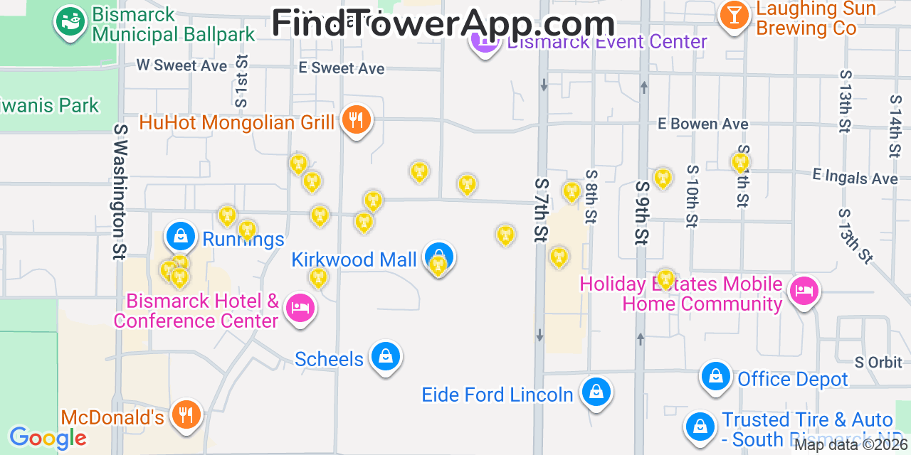 Map showing the 20 primary cell tower locations detected in Bismarck, North Dakota from AT&T, Verizon, and T-Mobile networks