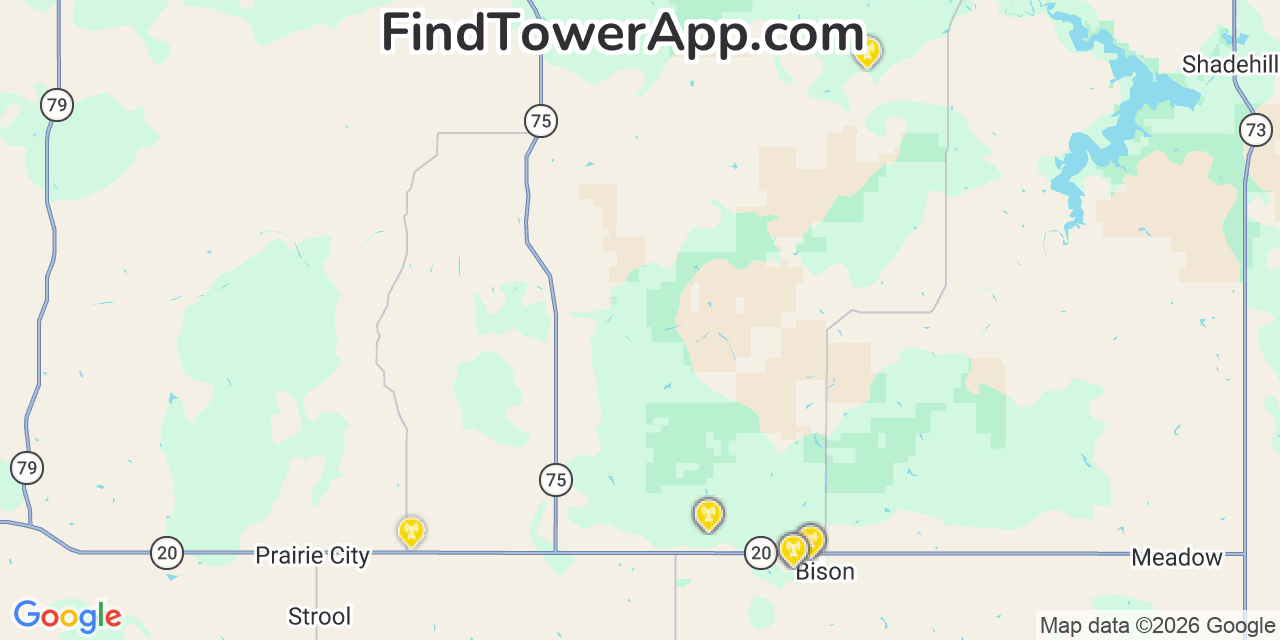 Map showing the 20 primary cell tower locations detected in Bison, South Dakota from AT&T, Verizon, and T-Mobile networks