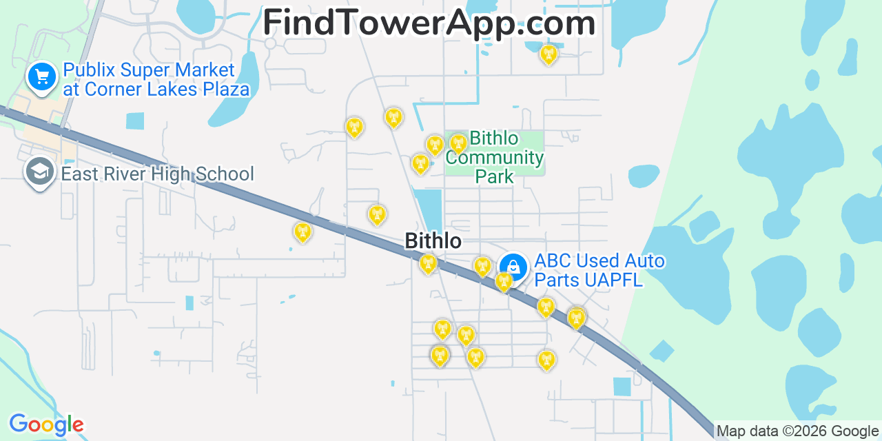 Map showing the 20 primary cell tower locations detected in Bithlo, Florida from AT&T, Verizon, and T-Mobile networks