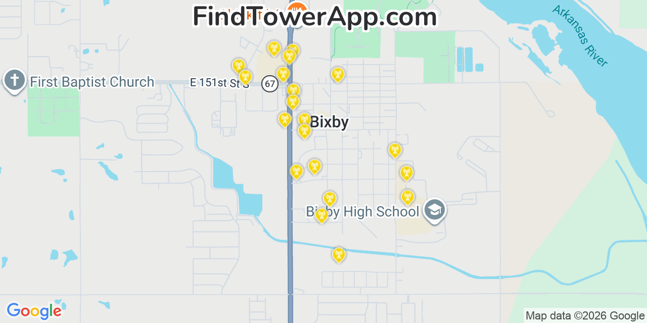 Map showing the 20 primary cell tower locations detected in Bixby, Oklahoma from AT&T, Verizon, and T-Mobile networks
